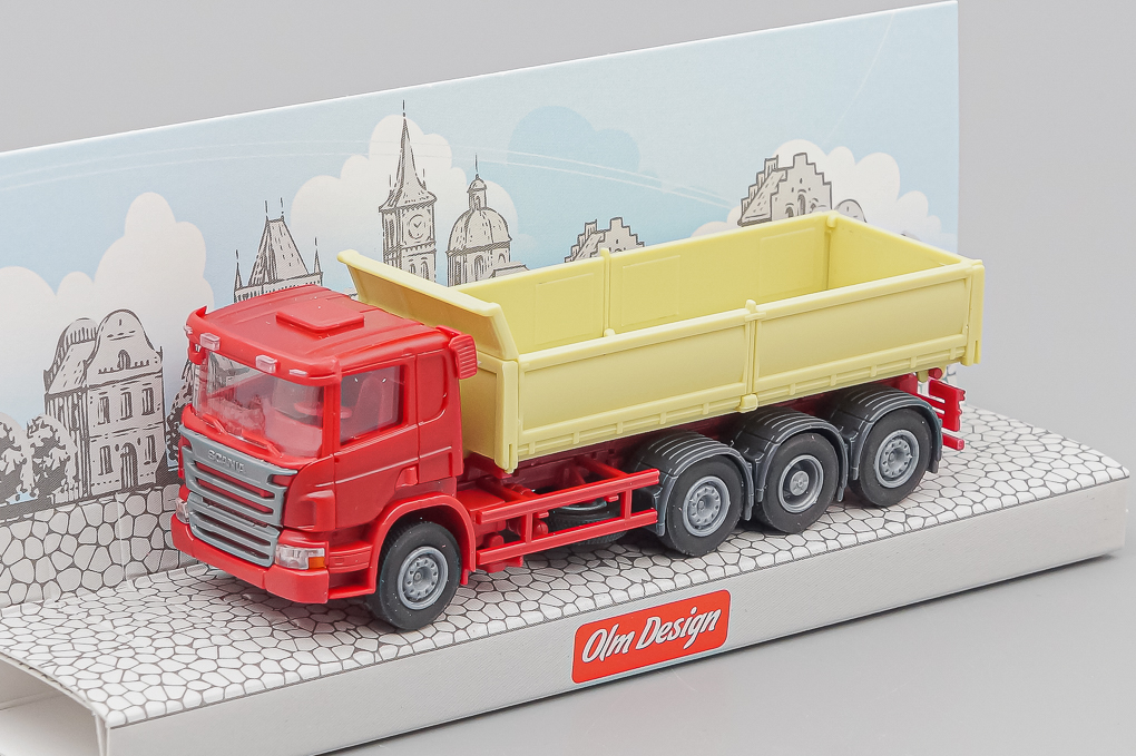 1:87 SCANIA P 8х2/4 самосвал с стальными бортами, вишнёвый / фисташковый - OLM334