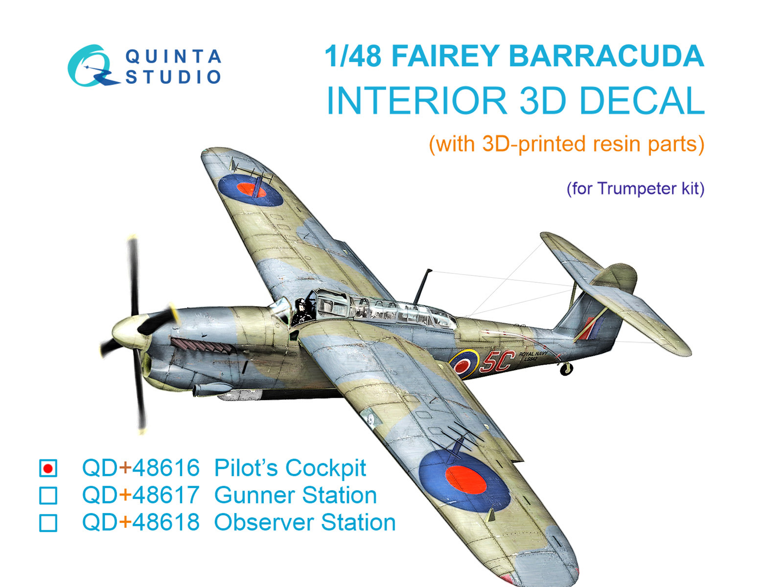 1:48 3D Декаль интерьера кабины Пилота Fairey Barracuda (Trumpeter) (с 3D-печатными деталями) - QD+48616