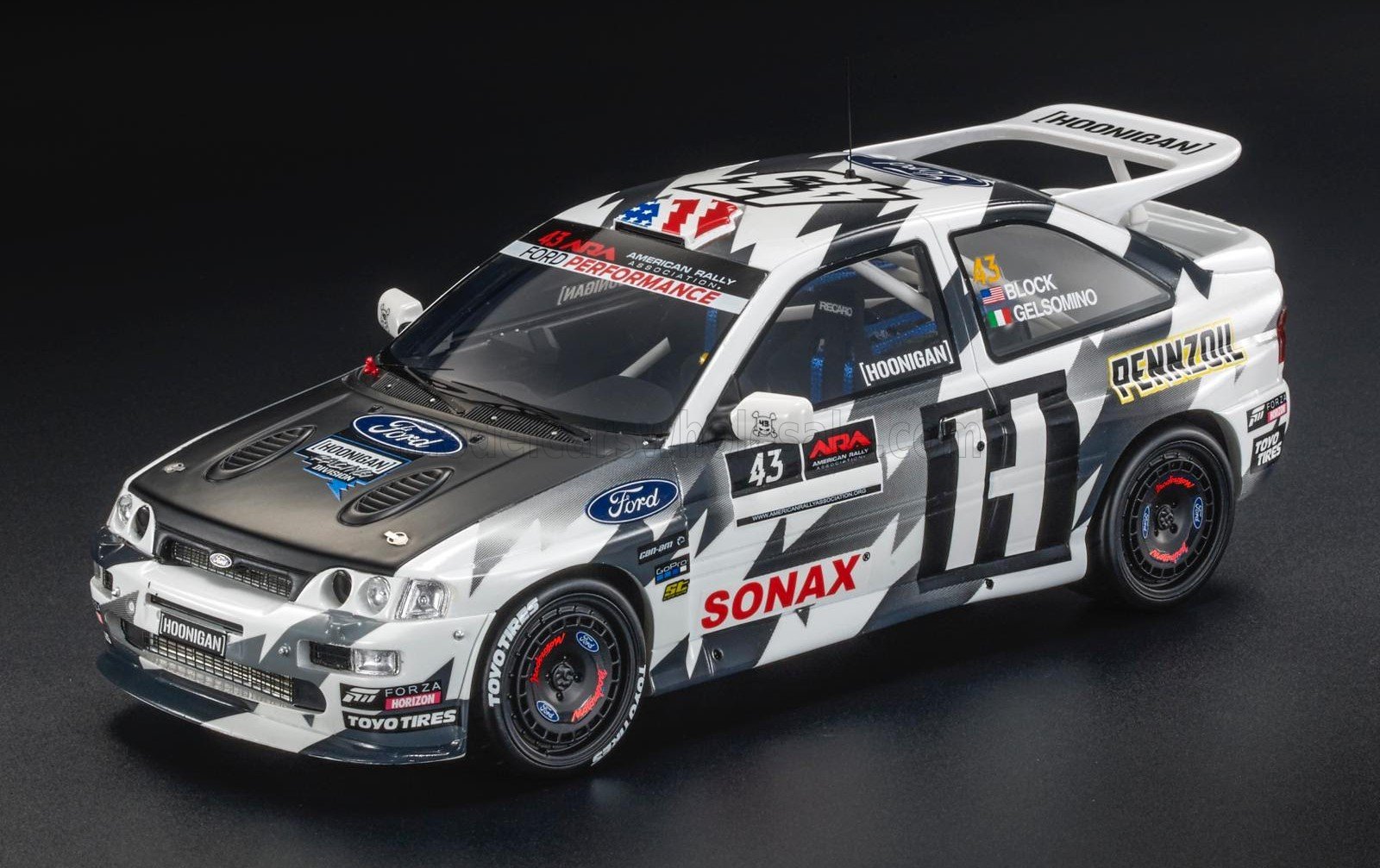 1:18 FORD Escort Rs Cosworth №43 Hoonigan 3rd Rally Train Oregon (2018) Ken Block - Alessandro Gelsomino, Black White - TOP147B