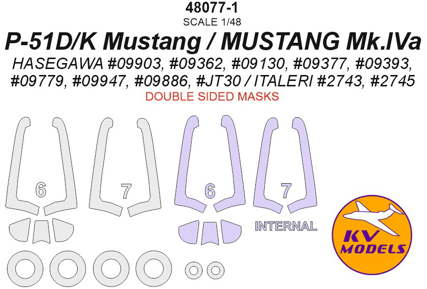 1:48 Окрасочная маска для P-51D/K Mustang / MUSTANG Mk.IVa - двусторонние маски + маски на колеса - 48077-1