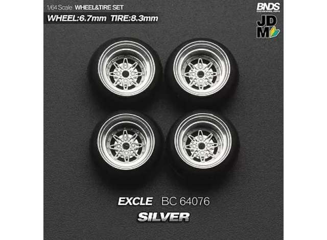 1:64 Excle Alloy Wheel & Rim set, silver/chrome - BC64076