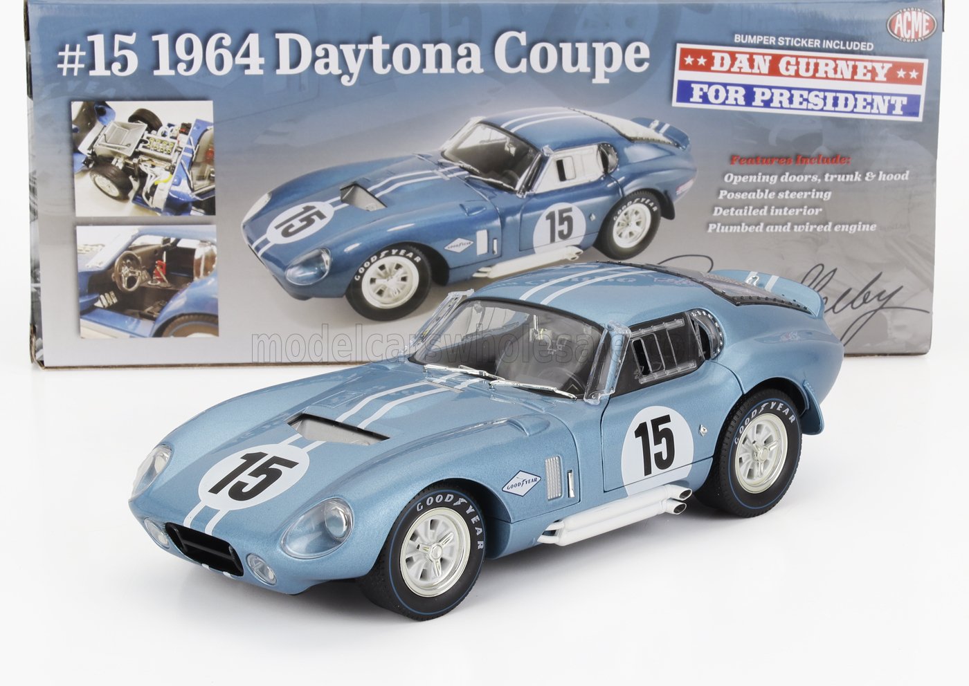 1:18 AC COBRA Shelby Cobra Daytona Coupe 4.7l V8 Team Shelby American Inc. №15 12h Reims (1964) Dan Gurney - Bob Bondurant, Blue White - 18003