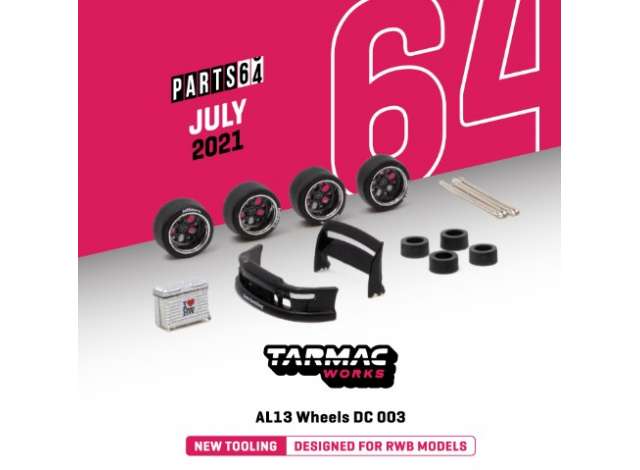 1:64 AL13 Wheels DC 003 Designed for RWB ModelsChrome / Gun metal Package includes: 4x Rims4x Tires 2x Regular Axis2X Cambered Axis1 set of spacerRWB accessories Suitcase, RWB 993 front bumper, Double Deck Rear Wing - T64W005CH