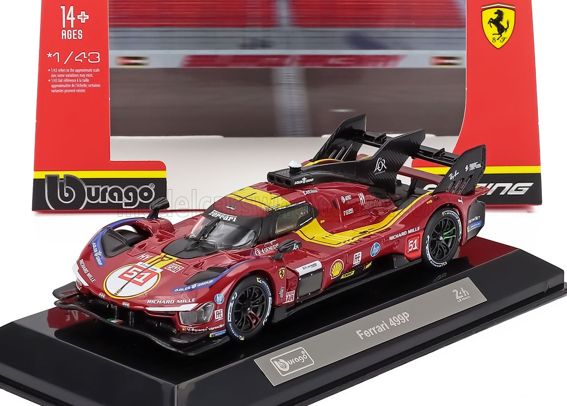 1:43 FERRARI 499p 3.0l Turbo V6 Team Ferrari Af Corse №51 3rd 24h Le Mans (2025) Alessandro Pier Guidi - James Calado - Antonio Giovinazzi - Con Vetrina - With Showcase, Red Yellow Black - 36319