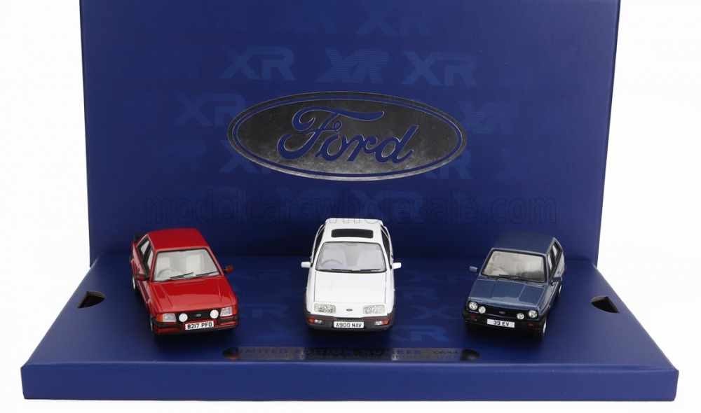 1:43 FORD  Xr Collection Set 3x Escort Mkiii Xr3i - Fiesta Mki Xr2 - Sierra Xr4i, Red White Blue - VC01301