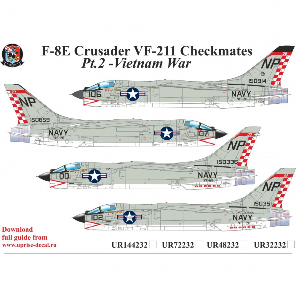1:48 Декаль для F-8E Crusader VF-211 Checkmates Pt.2, с тех. надписями, FFA (удаляемая лаковая подложка) - UR48232