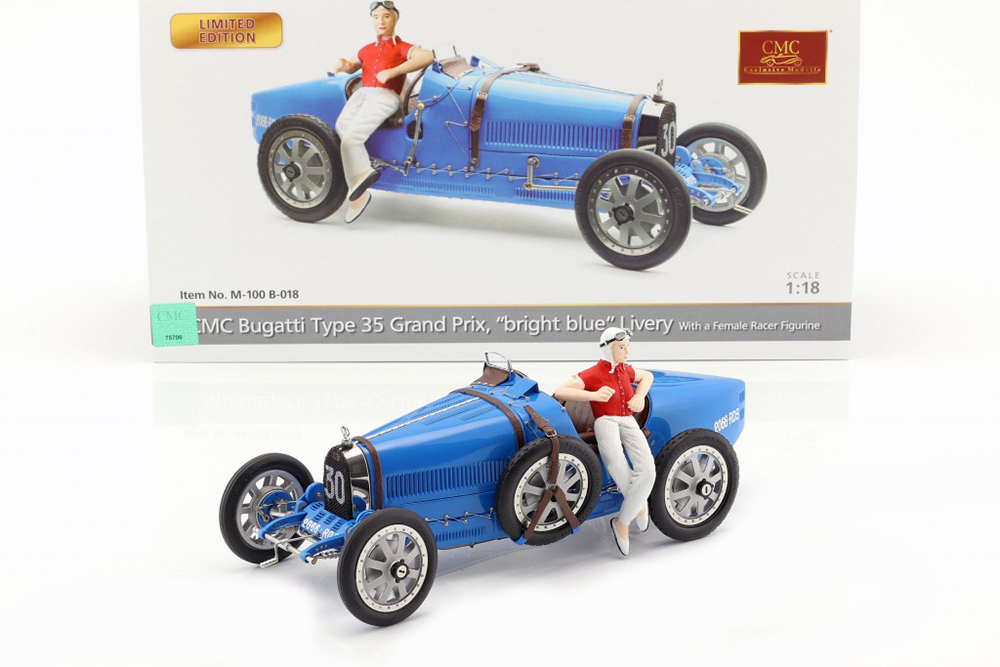 1:18 Bugatti T35, 'Bright Blue' Livery With a Female Racer Figurine, Limited Edition 600 - M-100-B-018