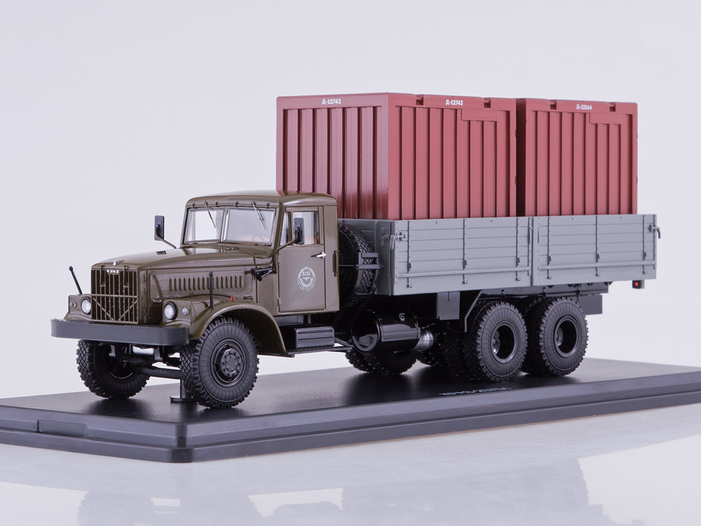 1:43 КРАЗ-257Б1 бортовой с контейнерами, хаки / серый - SSM1149