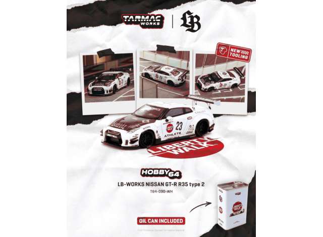 1:64 Nissan GT-R (R35) LB Works Type 2 White Athlete X Collect in a LB Limited Tin Can, white/red/black 2025 - T64-090-WH