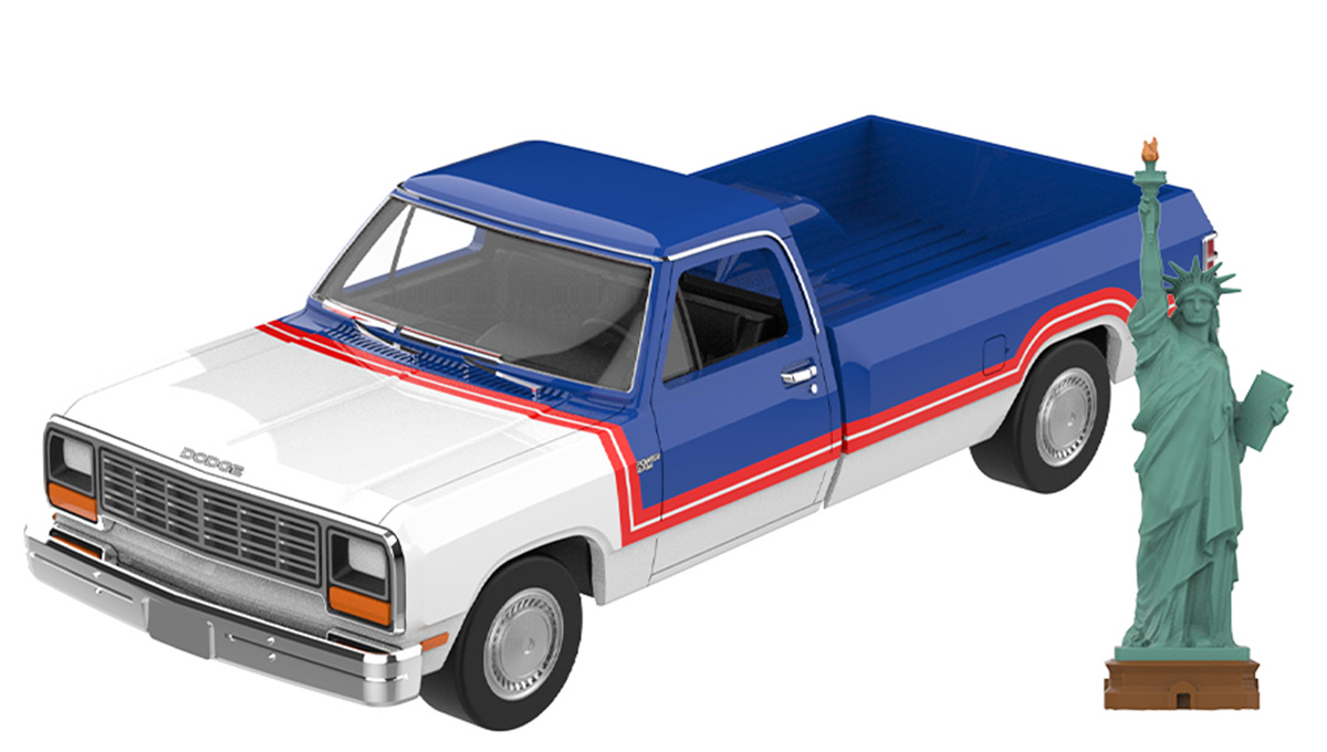 1:64 DODGE Ram America 250 Edition with Big Statue of Liberty Figurine (1981), white / red / blue - 30599