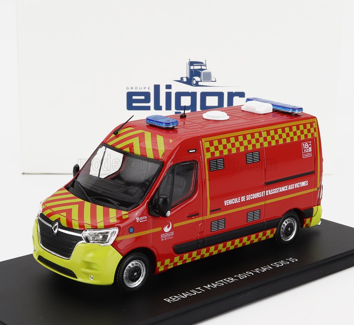 1:43 RENAULT Master Van Vsav Sdis 35 Vehicule De Secours Et D'assistance Aux Victimes Sapeurs Pompiers (2019), Red Yellow - 118007