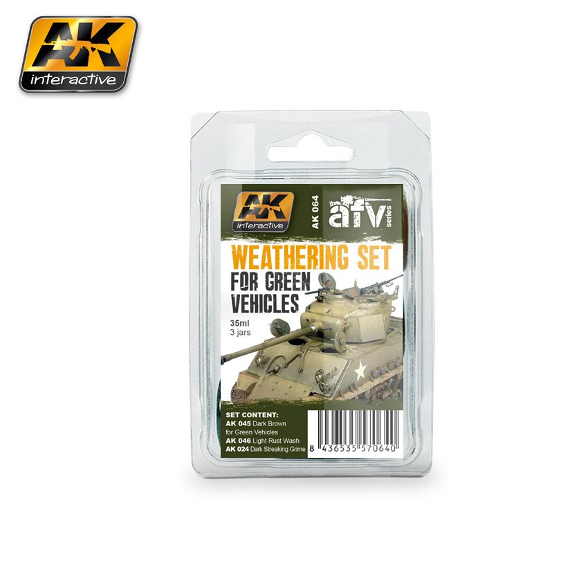 Набор для нанесения эффектов WEATHERING GREEN VEHICLES SET (набор для везеринга зеленой техники) - AK-064