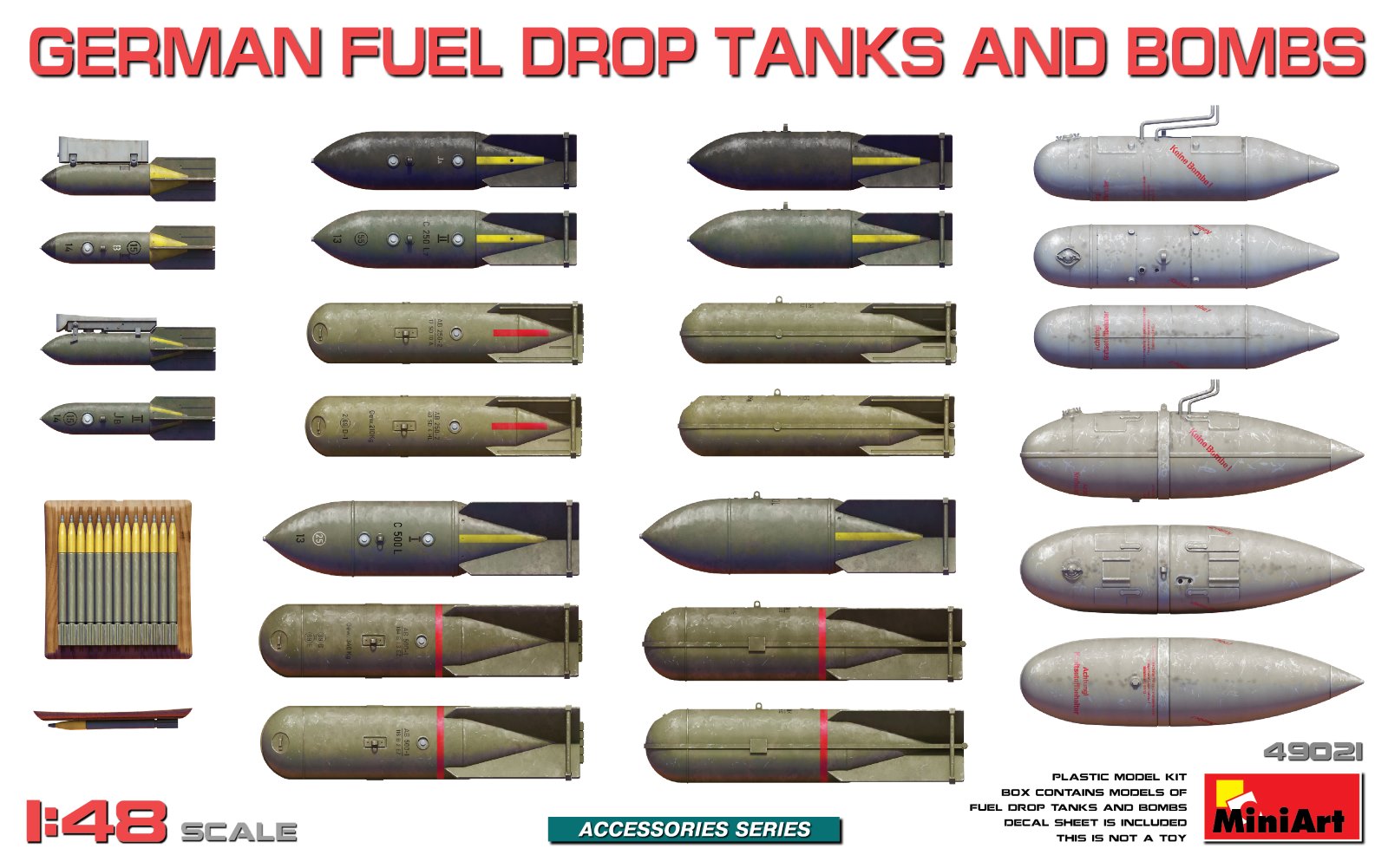 1:48 Сборная модель немецкие подвесные топливные баки и бомбы / German Fuel Drop Tanks And B-o-m-b-s - 49021