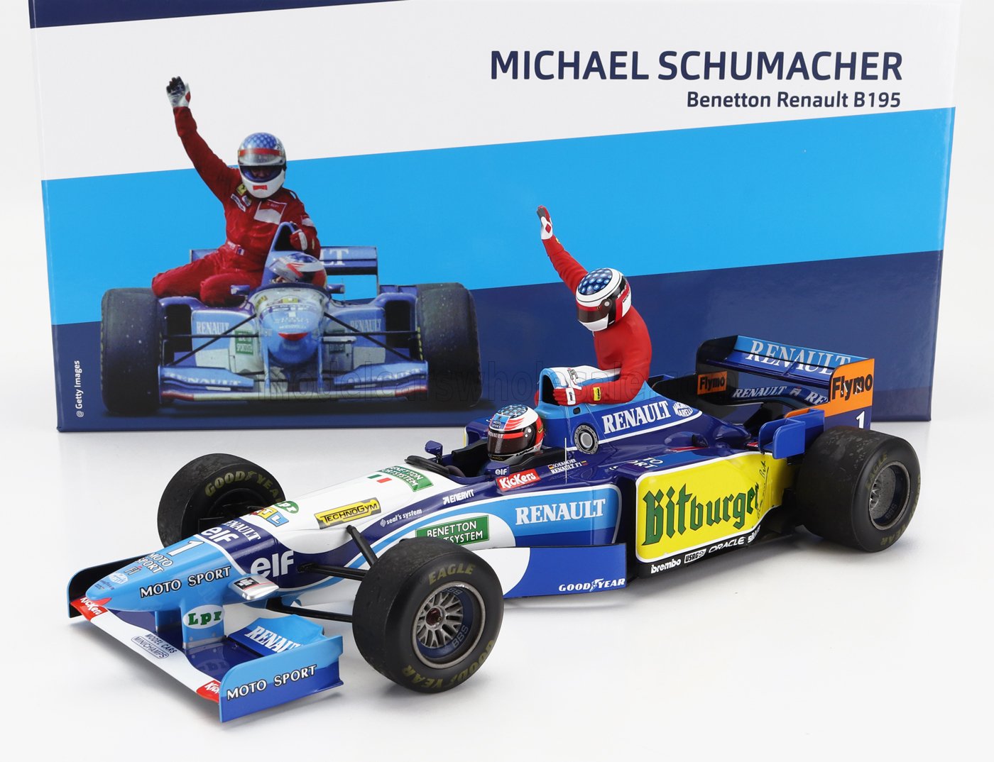 1:18 BENETTON F1 B195 Team Mild Seven Renault №1 World Champion 5th Canada Gp (1995) Michael Schumacher And Jean Alesi Taxi Ride Figures, Blue Yellow - 513950601