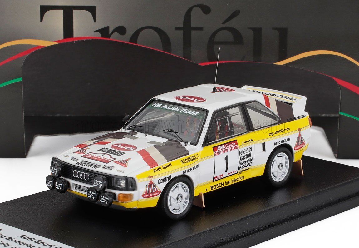 1:43 AUDI Quattro Sport (night Version) №1 4th Rally New Zealand (1985) Stig Blomqvist - Bjorn Cederberg, White Yellow Grey - TRRNZ014