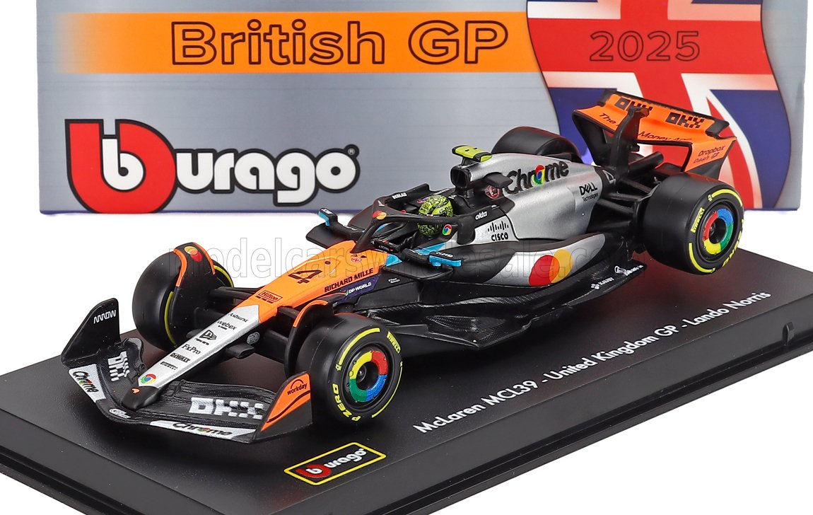 1:43 McLAREN F1 Mcl39 Team Mclaren №4 World Champion Winner Silverstone British Gp (2025) Lando Norris - With Pilot And Showcase, Orange Chrome Black - 18-38249-SILVERSTONE-4