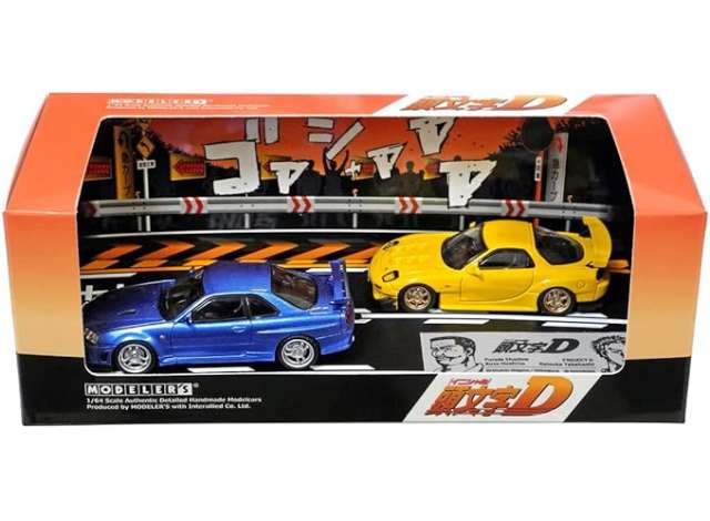 1:64 Initial D Set Vol. 8, Keisuke Takahashi, RX-7 (FD3S) & Yoshizo Hoshino Skyline GT-R (BNR34), yellow / blue - MD64208