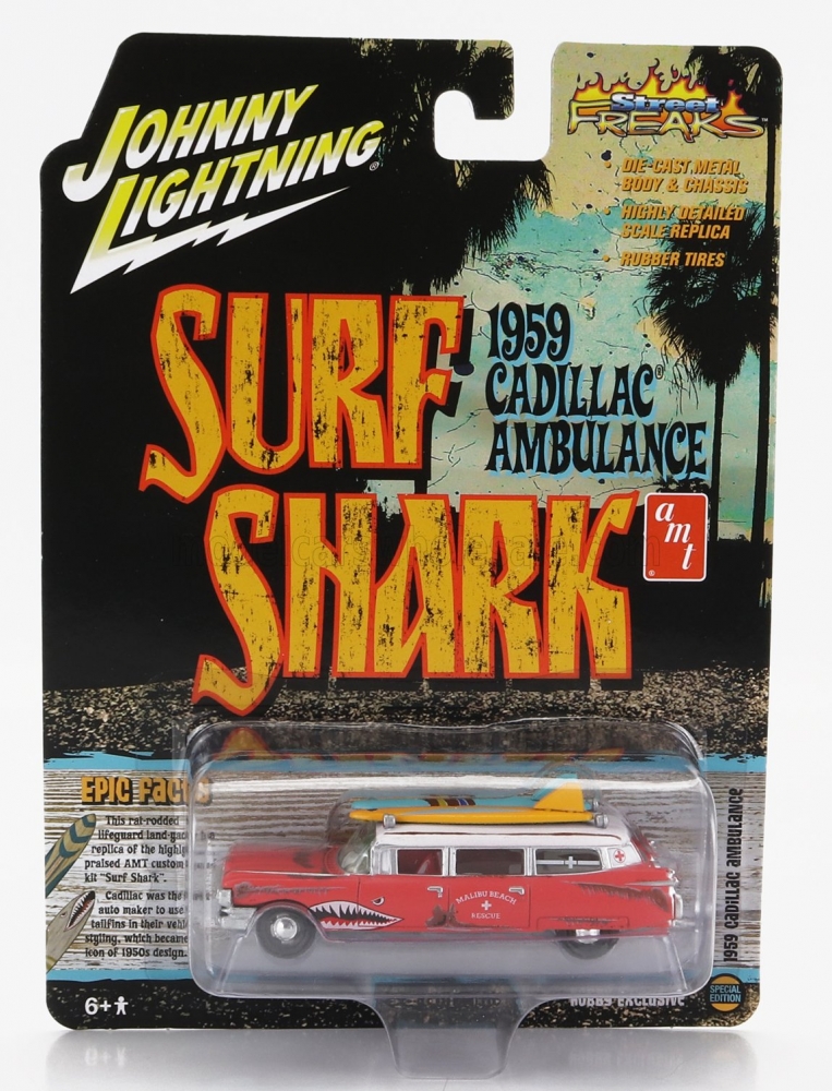 1:64 CADILLAC Eldorado Ambulance With Shark Graphics An Surfboards (1959), Rusty Red White - JLSP256-JLPC