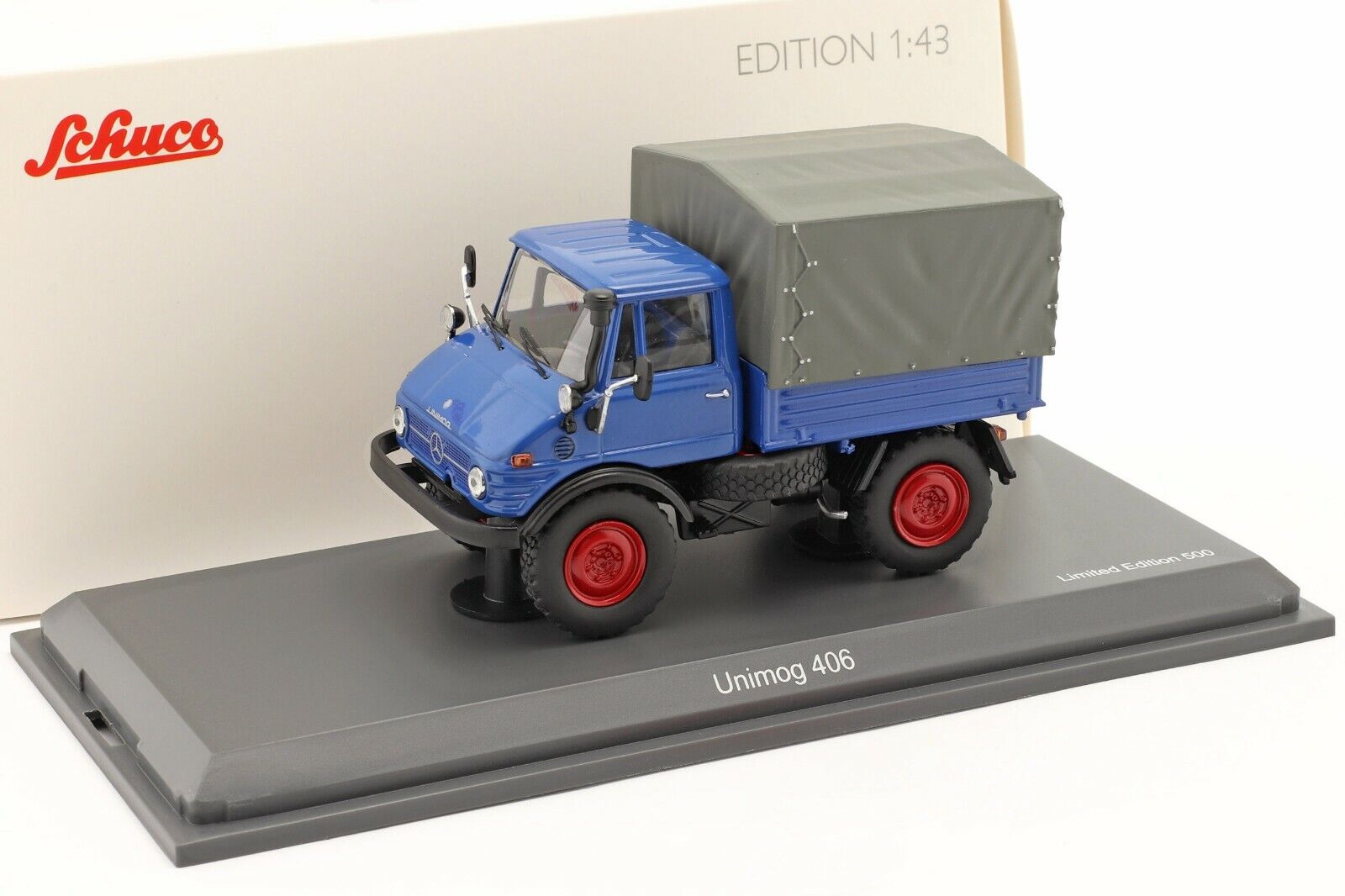 1:43 MERCEDES-BENZ Unimog 408 бортовой с тентом, синий с серым - 03149