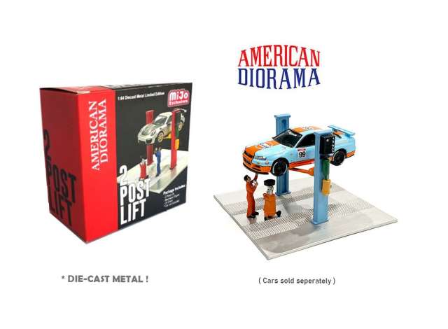 1:64 2 Post Lift with Oil Drainer & Mechanic figure, light blue - AD38379