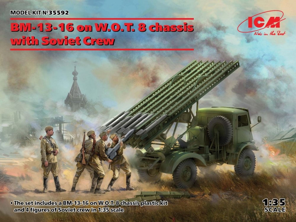 1:35 Сборная модель БМ-13-16 на шасси W.O.T. 8 c cоветским расчетом - 35592