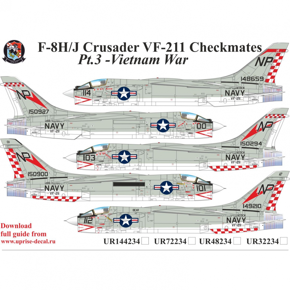 1:32 Декаль для F-8H/J Crusader VF-211 Checkmates Pt.3 FFA (удаляемая лаковая подложка) - UR32234