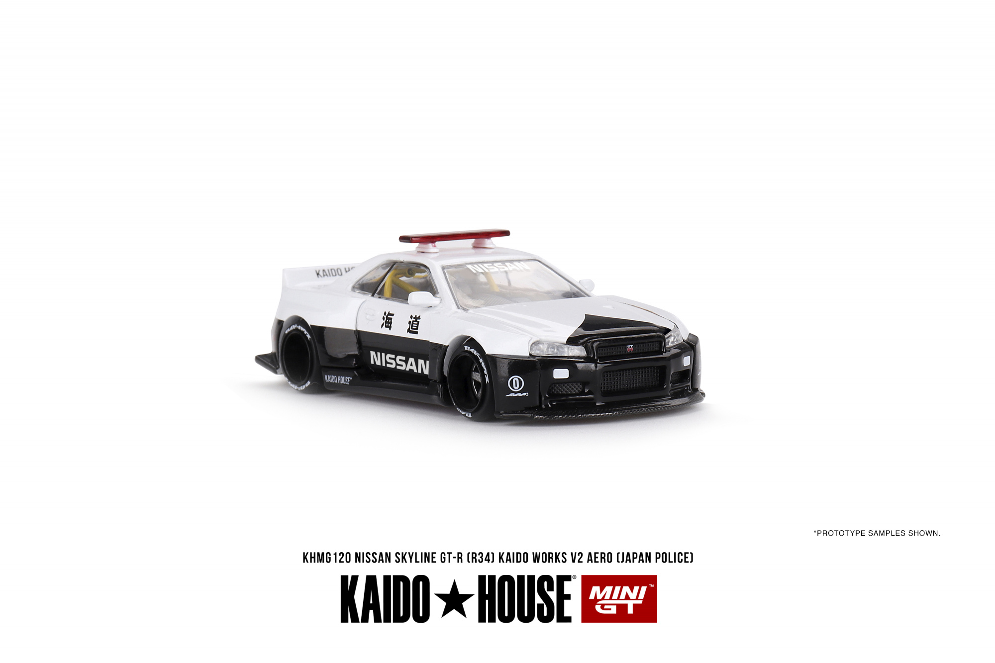 1:64 (Б/У) NISSAN Skyline GT-R (R34) 'KAIDO WORKS V2 Aero' (Japan Police) - KHMG120-X1