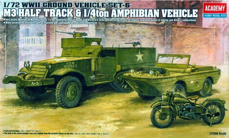 1:72 Сборная модель M3 Half Track & 1/4 ton Amphibian Vehicle (WWII Ground Vehicle SET-6) - 13408