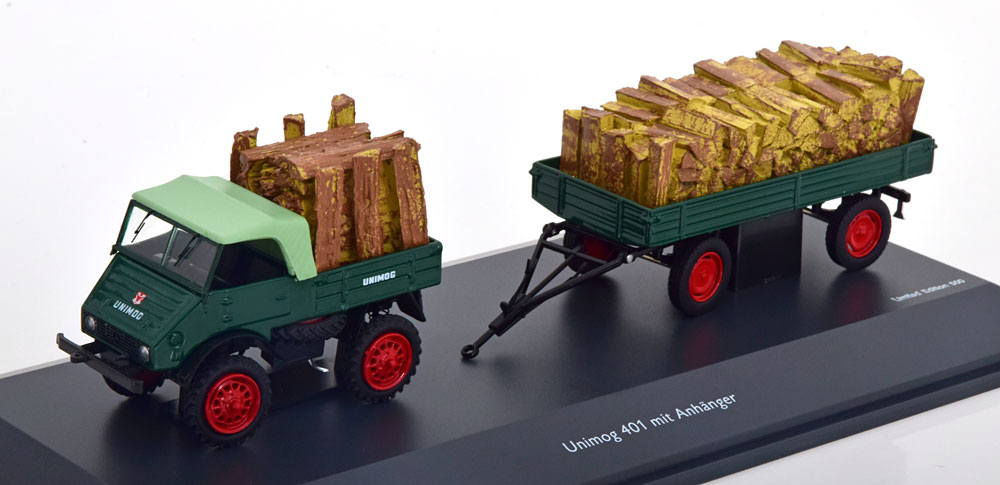 1:43 MERCEDES BENZ Unimog U401 Truck With Trailer (1953) - Trasporto Legna, Green Wood - 03133-X1