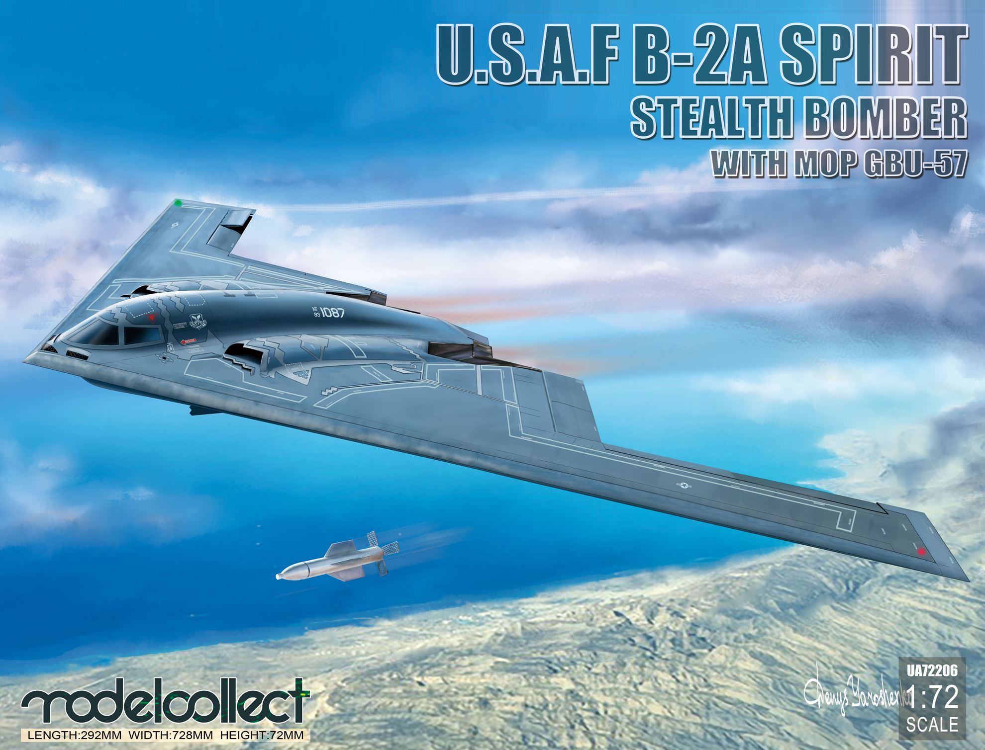 1:72 Сборная модель USAF B-2A Spirit Stealth Bomber with Mop GBU-57 - UA72206