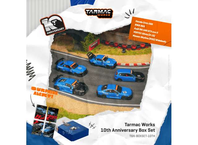 1:64 Tarmac Works 10th Anniversary Box Set, 5 Model Cars + Trading Cards Combo Set, black/blue - TT64-BOXSET-10TH~6