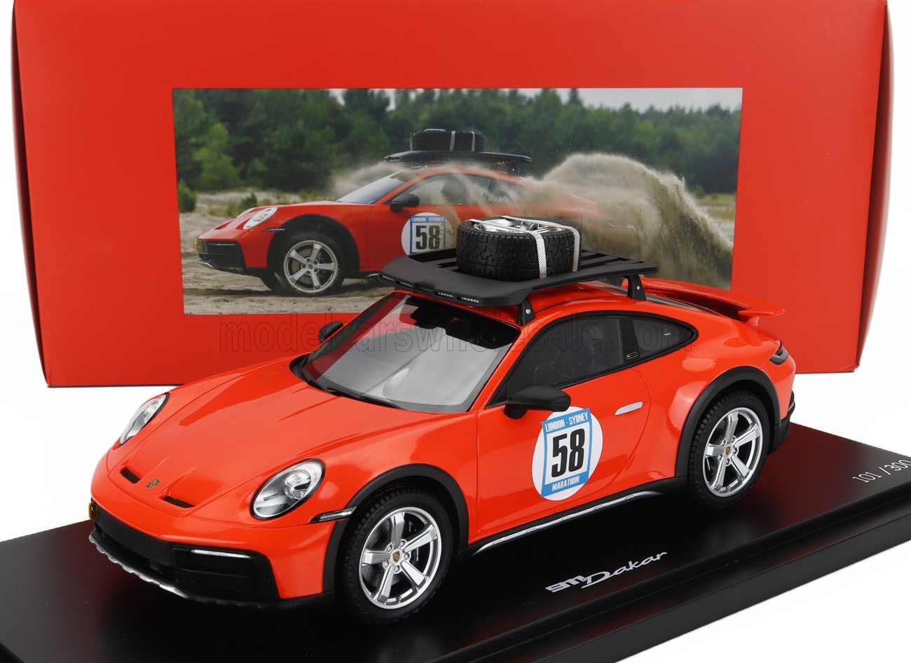 1:18 PORSCHE 911 992 №58 Rally Dakar Red 58 Special With Pack Roof (2023) - Con Vetrina - With Showcase, Blood Orange - WAP0210060SDAK