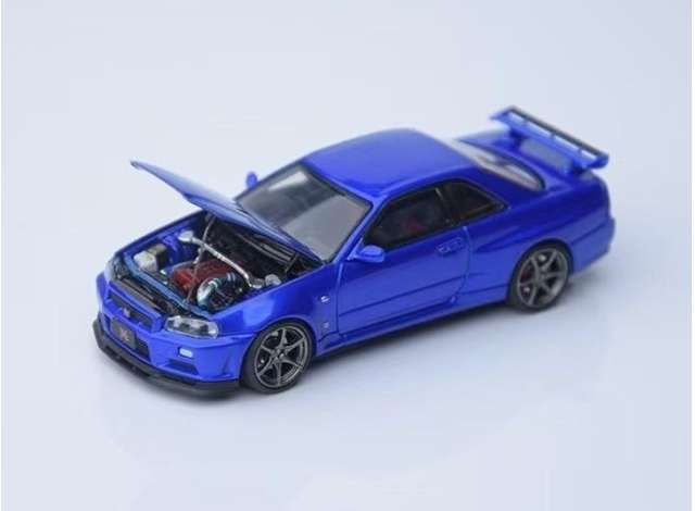 1:64 Nissan GTR-R34 with opening hood, blue V2 - FH049