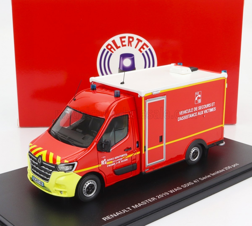 1:43 RENAULT Master Van Was Sdis 47 Vehicule De Secours Et D'assistance Aux Victimes Ambulance Sapeurs Pompier (2019), Red White Yellow - ALERTE0144