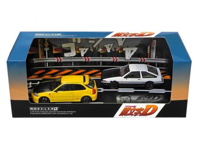 1:64 Initial D Set Vol. 12 4th Stage Tachi Tomoyuki Civic EK9 & Takumi Fujiwara Sprinter Trueno AE86, yellow / white - MD64212