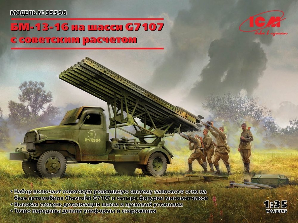 1:35 Сборная модель БМ-13-16 на шасси G7107 с советским расчетом - 35596