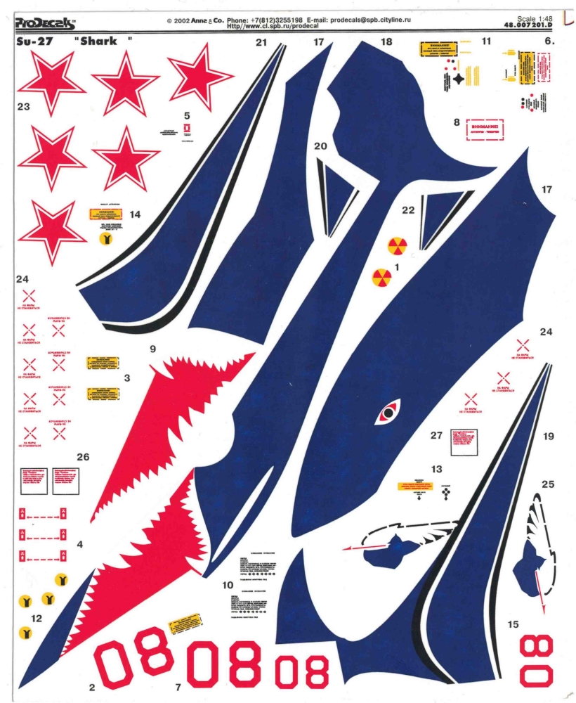 1:48 Набор декалей для самолета Су-27 08 'Акула' - PRD018