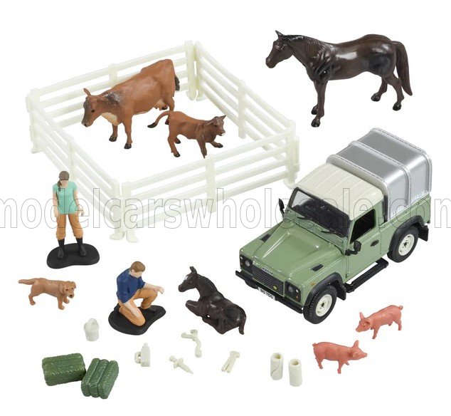 1:32 LAND ROVER Land Defender 90 Pick-up Closed With Animals And Figures (1984), Green Silver - 43385