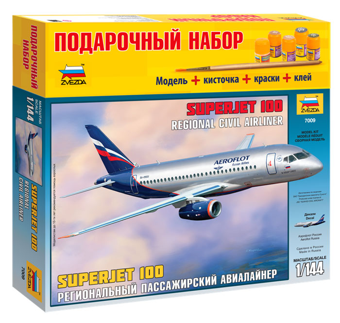 1:144 Сборная модель Региональный пассажирский авиалайнер Superjet 100 (подарочный набор) - 7009ПН