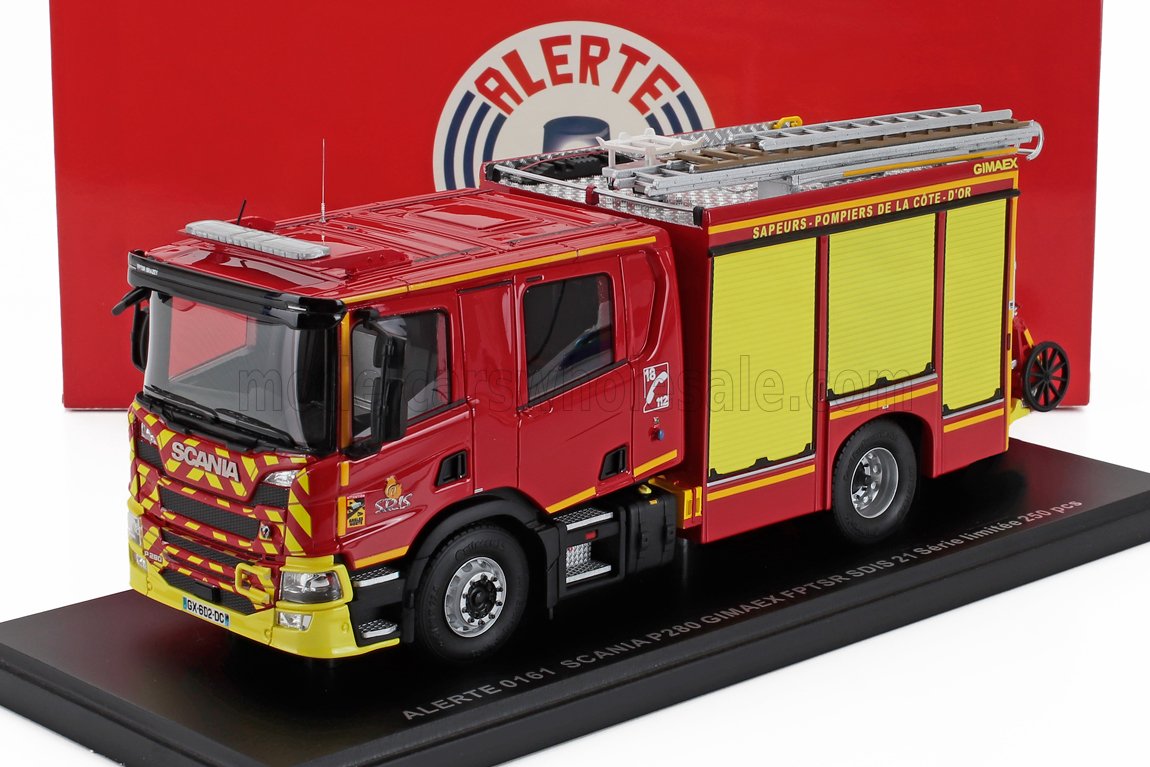 1:43 SCANIA P280 Tanker Truck Double Cabine Gimaex Fptsr Sdis 21 Sapeurs Pompiers De La Cote D'or (2009), Red Yellow - ALERTE0161