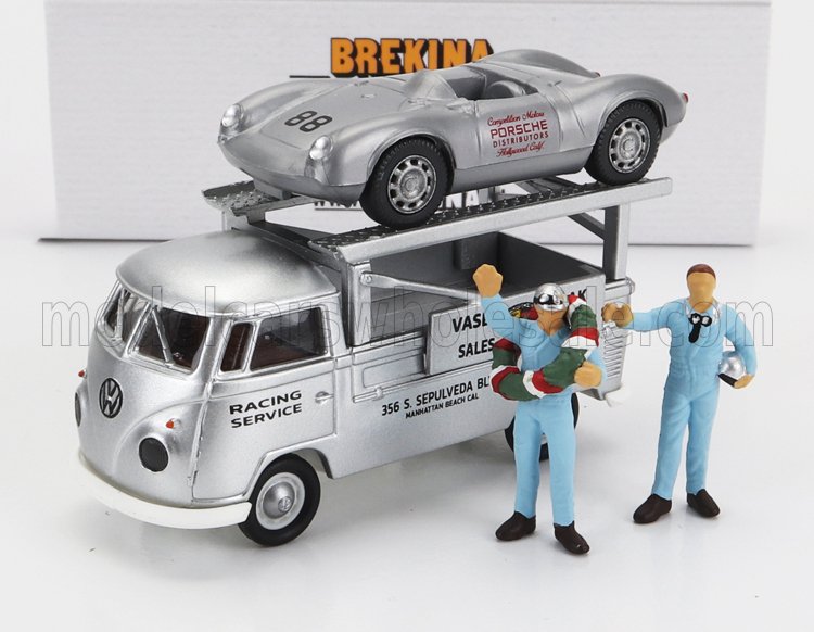 1:87 VOLKSWAGEN T1 Truck Car Transporter Vasek Polak Racing Service + Porsche 550 Rs Spider №88 Racing With Figures (1956), Silver - 32867