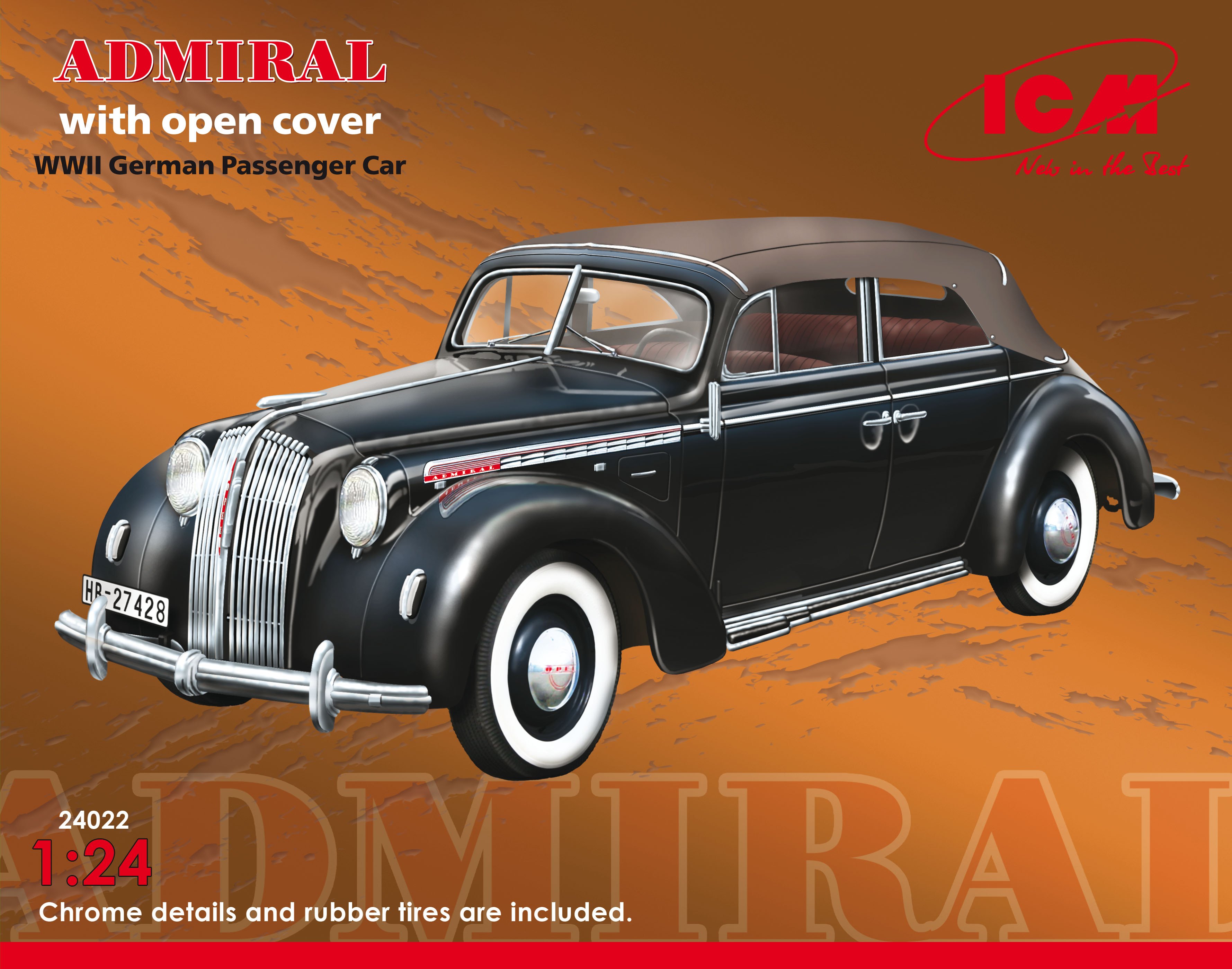 1:24 Сборная модель Admiral Cabriolet with open cover, WWII German Passenger Car - 24022