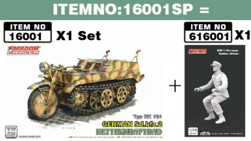 1:16 Сборная модель WW II German Sd.Kfz.2 Kettenkraftrad & German Ketten Driver,1944 set - 16001SP