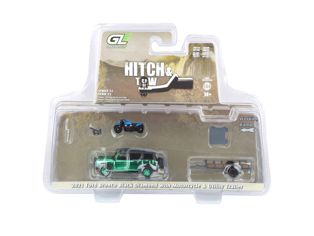 1:64 FORD Bronco 4-двери 4x4 Black Diamond с прицепом и мотоциклом (2021) (Greenlight!!!) - GL32320
