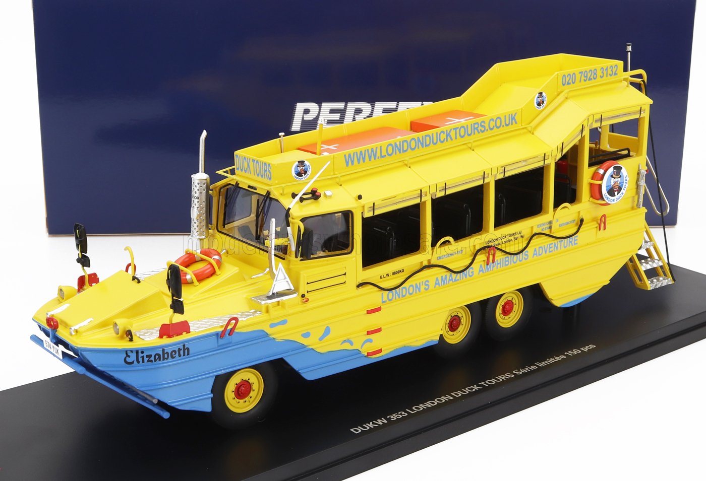 1:43 GMC Dukw Cckw 353 Truck Boat London's Duck Tours Amazing Amphibious Adventure Anfibio Gommato 3-assi (1965), Yellow Light Blue - PE336