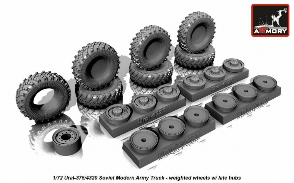 1:72 Набор колес Уральский грузовик 375/4320 weighted wheels w/ late hubs - AC7321b