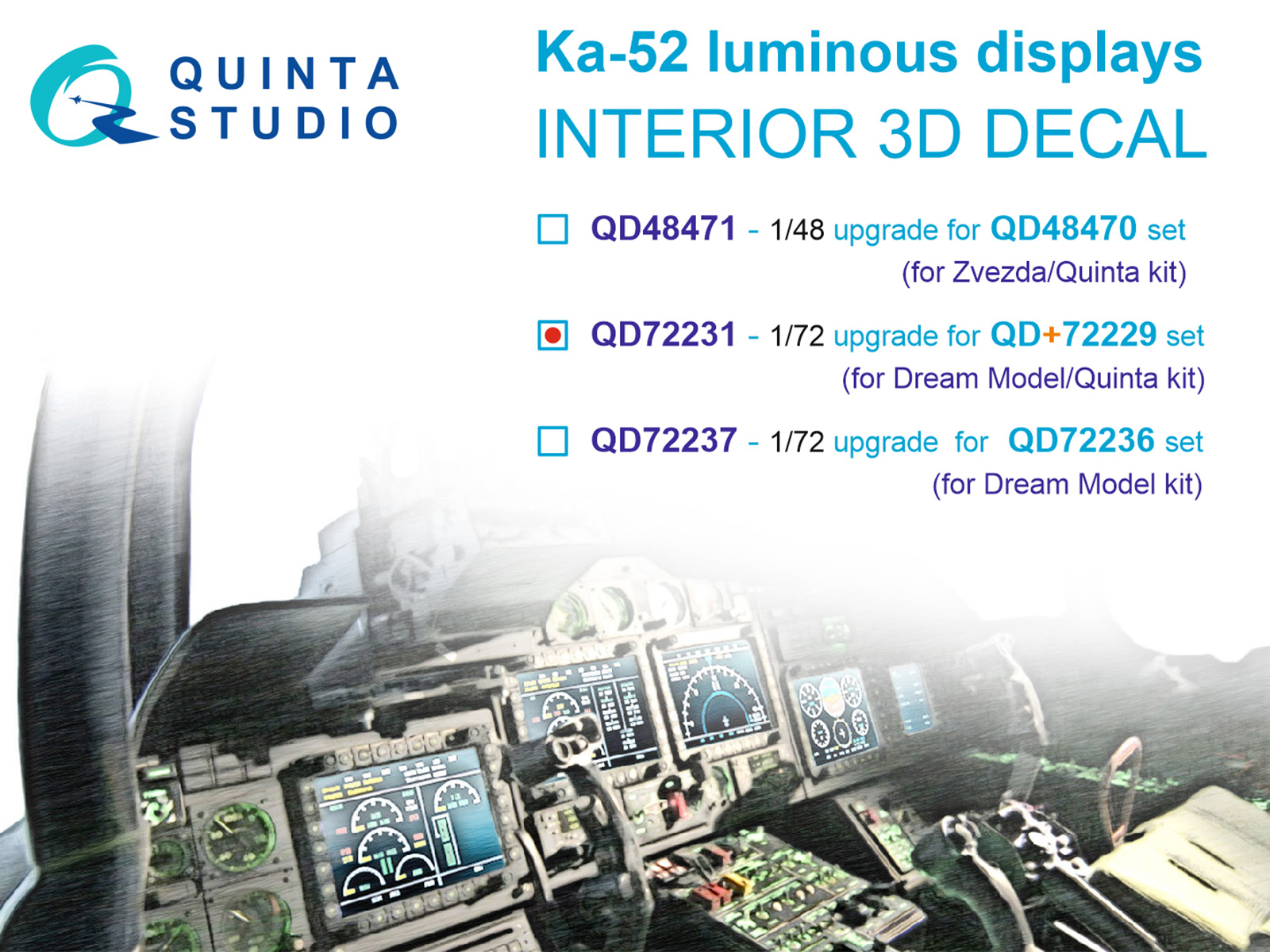 1:72 3D Декаль интерьера кабины Ка-52 включенные дисплеи для QD+72229 (Dream Model/Quinta Models) - QD72231