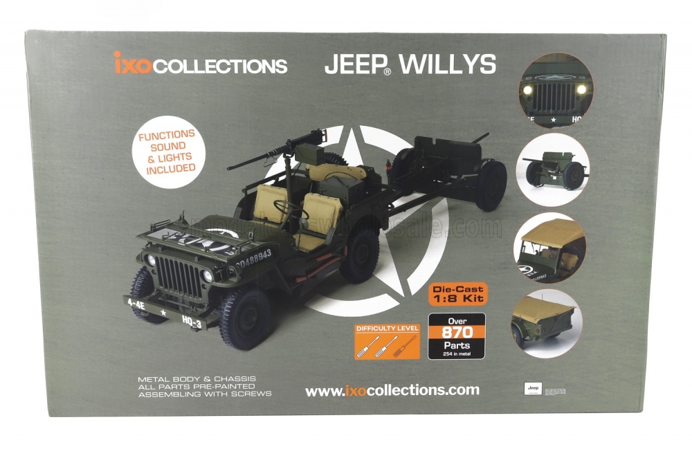 1:8 Сборная модель JEEP Willys Usa Army With Trailer 1941 - With Light & Sound Effects - Military Green - 20010105