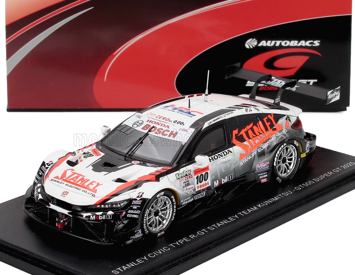1:43 HONDA Civic Type R-gt Team Stanley Kunimitsu №100 Gt500 Class Super Gt (2025) Naoki Yamamoto - Adasuke Makino, White Black Orange - 43SGT25100