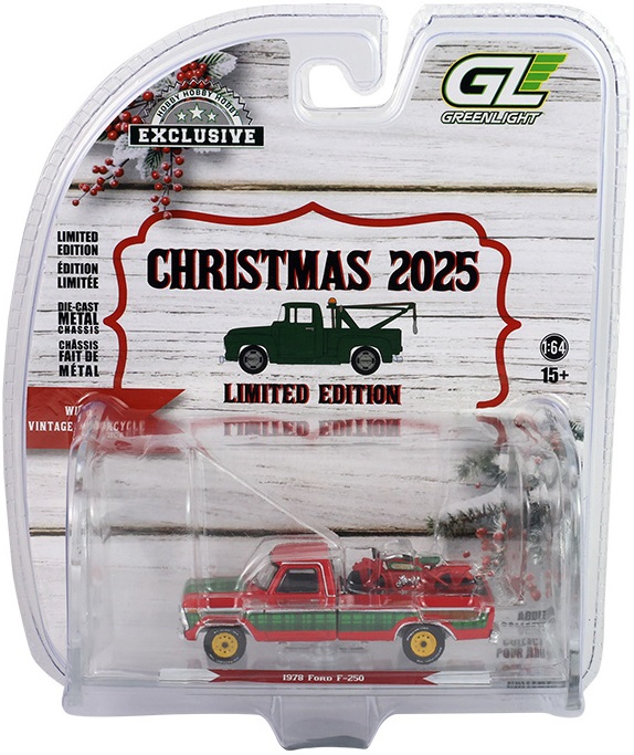 1:64 FORD F-250 пикап с мотоциклом (1978), Red / Green 'Рождество 2025' - 30564E